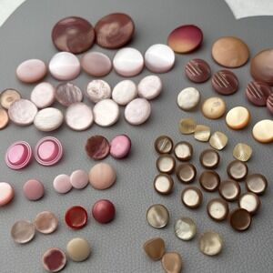Vintage pink & peach Shank button lot — 60+ Early Plastic Celluloid Glossy Shell